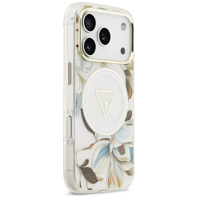 Guess IML Glitter Flowers Triangle MagSafe Case for iPhone 17 Pro / 18 Pro - White