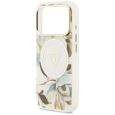 Guess IML Glitter Flowers Triangle MagSafe Case for iPhone 17 Pro / 18 Pro - White