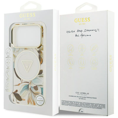 Guess IML Glitter Flowers Triangle MagSafe Case for iPhone 17 Pro / 18 Pro - White