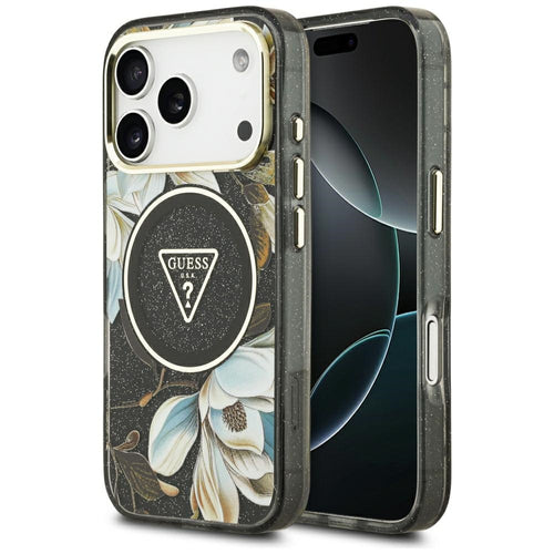Guess IML Glitter Flowers Triangle MagSafe Case for iPhone 17 Pro / 18 Pro - Black