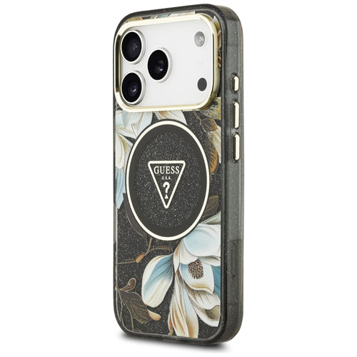 Guess IML Glitter Flowers Triangle MagSafe Case for iPhone 17 Pro / 18 Pro - Black