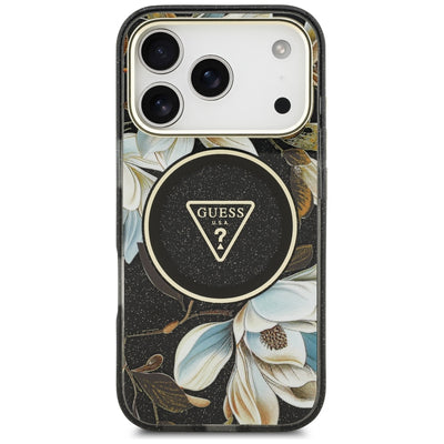 Guess IML Glitter Flowers Triangle MagSafe Case for iPhone 17 Pro / 18 Pro - Black