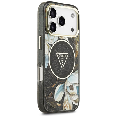 Guess IML Glitter Flowers Triangle MagSafe Case for iPhone 17 Pro / 18 Pro - Black
