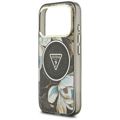 Guess IML Glitter Flowers Triangle MagSafe Case for iPhone 17 Pro / 18 Pro - Black