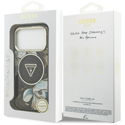 Guess IML Glitter Flowers Triangle MagSafe Case for iPhone 17 Pro / 18 Pro - Black