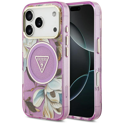Guess IML Glitter Flowers Triangle MagSafe Case for iPhone 17 Pro / 18 Pro - Purple