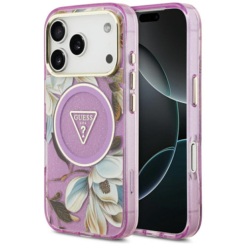 Guess IML Glitter Flowers Triangle MagSafe Case for iPhone 17 Pro / 18 Pro - Purple