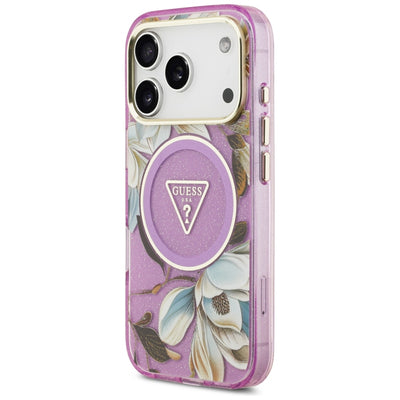 Guess IML Glitter Flowers Triangle MagSafe Case for iPhone 17 Pro / 18 Pro - Purple