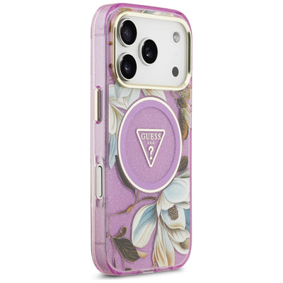 Guess IML Glitter Flowers Triangle MagSafe Case for iPhone 17 Pro / 18 Pro - Purple