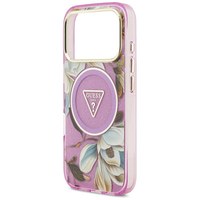 Guess IML Glitter Flowers Triangle MagSafe Case for iPhone 17 Pro / 18 Pro - Purple