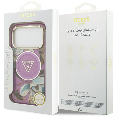 Guess IML Glitter Flowers Triangle MagSafe Case for iPhone 17 Pro / 18 Pro - Purple
