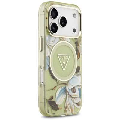 Guess IML Glitter Flowers Triangle MagSafe Case for iPhone 17 Pro / 18 Pro - Green