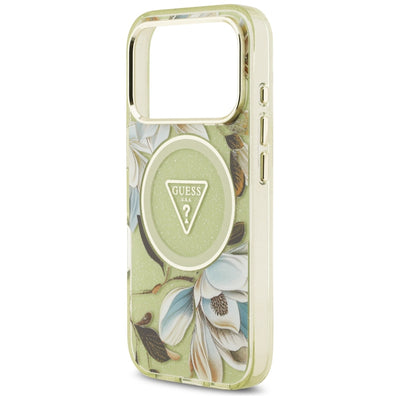 Guess IML Glitter Flowers Triangle MagSafe Case for iPhone 17 Pro / 18 Pro - Green