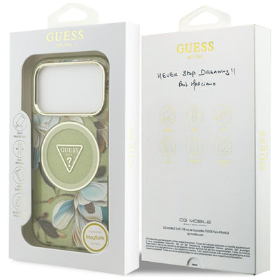 Guess IML Glitter Flowers Triangle MagSafe Case for iPhone 17 Pro / 18 Pro - Green