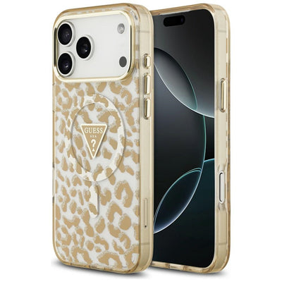 Guess IML Leopard Glitter Triangle Logo MagSafe Case for iPhone 17 Pro / 18 Pro - Brown