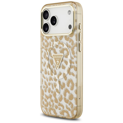 Guess IML Leopard Glitter Triangle Logo MagSafe Case for iPhone 17 Pro / 18 Pro - Brown