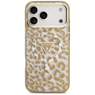 Guess IML Leopard Glitter Triangle Logo MagSafe Case for iPhone 17 Pro / 18 Pro - Brown