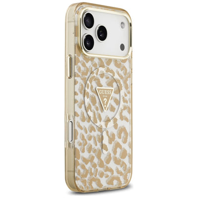 Guess IML Leopard Glitter Triangle Logo MagSafe Case for iPhone 17 Pro / 18 Pro - Brown