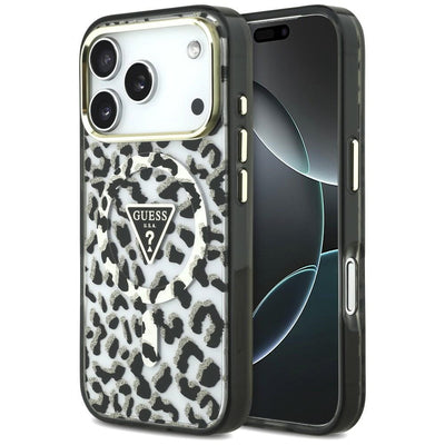 Guess IML Leopard Glitter Triangle Logo MagSafe Case for iPhone 17 Pro / 18 Pro - Black