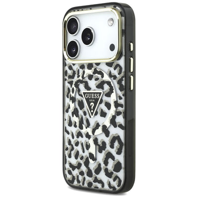 Guess IML Leopard Glitter Triangle Logo MagSafe Case for iPhone 17 Pro / 18 Pro - Black
