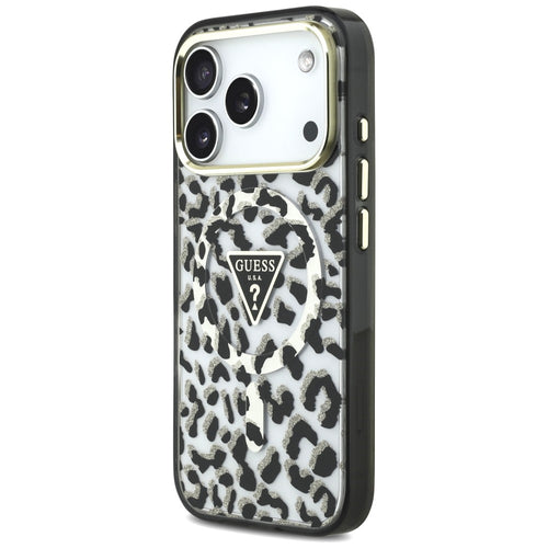 Guess IML Leopard Glitter Triangle Logo MagSafe Case for iPhone 17 Pro / 18 Pro - Black