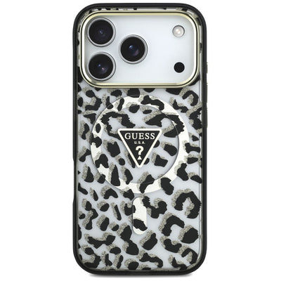 Guess IML Leopard Glitter Triangle Logo MagSafe Case for iPhone 17 Pro / 18 Pro - Black