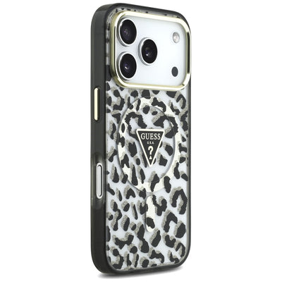 Guess IML Leopard Glitter Triangle Logo MagSafe Case for iPhone 17 Pro / 18 Pro - Black