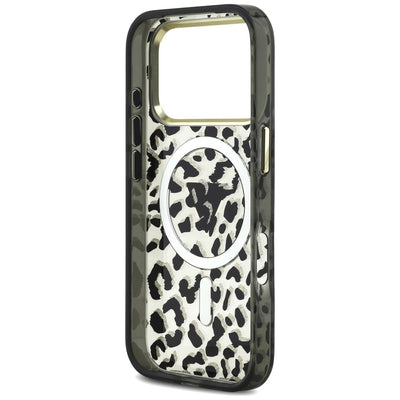 Guess IML Leopard Glitter Triangle Logo MagSafe Case for iPhone 17 Pro / 18 Pro - Black