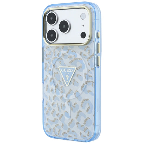 Guess IML Leopard Glitter Triangle Logo MagSafe Case for iPhone 17 Pro / 18 Pro - Blue