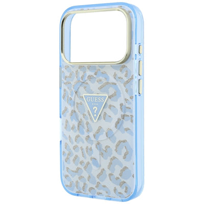 Guess IML Leopard Glitter Triangle Logo MagSafe Case for iPhone 17 Pro / 18 Pro - Blue