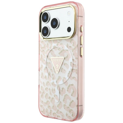 Guess IML Leopard Glitter Triangle Logo MagSafe Case for iPhone 17 Pro / 18 Pro - Pink
