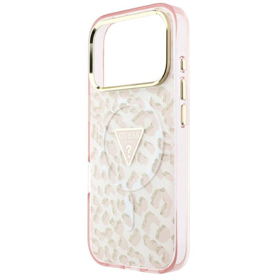 Guess IML Leopard Glitter Triangle Logo MagSafe Case for iPhone 17 Pro / 18 Pro - Pink
