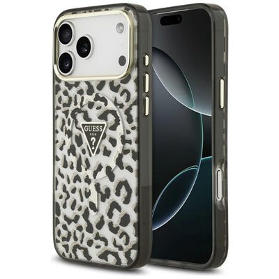 Guess IML Leopard Glitter Triangle Logo MagSafe Case for iPhone 17 Pro Max / 18 Pro Max - Black