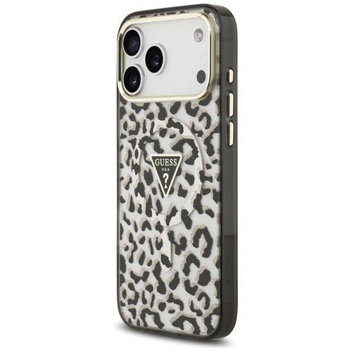 Guess IML Leopard Glitter Triangle Logo MagSafe Case for iPhone 17 Pro Max / 18 Pro Max - Black