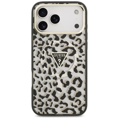 Guess IML Leopard Glitter Triangle Logo MagSafe Case for iPhone 17 Pro Max / 18 Pro Max - Black