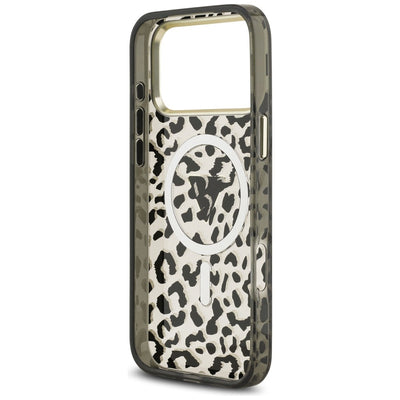Guess IML Leopard Glitter Triangle Logo MagSafe Case for iPhone 17 Pro Max / 18 Pro Max - Black