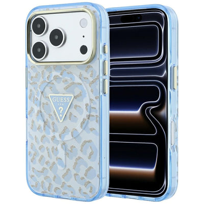 Guess IML Leopard Glitter Triangle Logo MagSafe Case for iPhone 17 Pro Max / 18 Pro Max - Blue