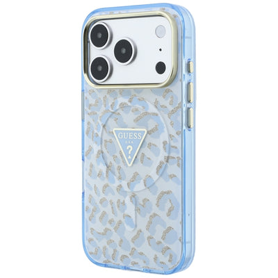 Guess IML Leopard Glitter Triangle Logo MagSafe Case for iPhone 17 Pro Max / 18 Pro Max - Blue