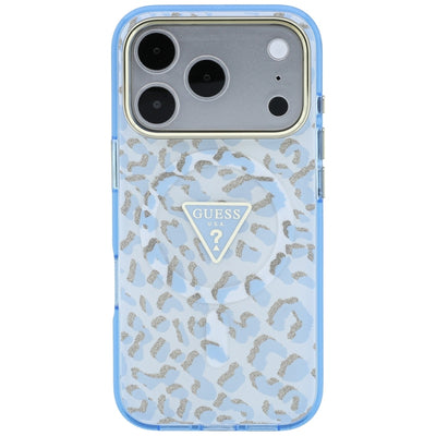 Guess IML Leopard Glitter Triangle Logo MagSafe Case for iPhone 17 Pro Max / 18 Pro Max - Blue