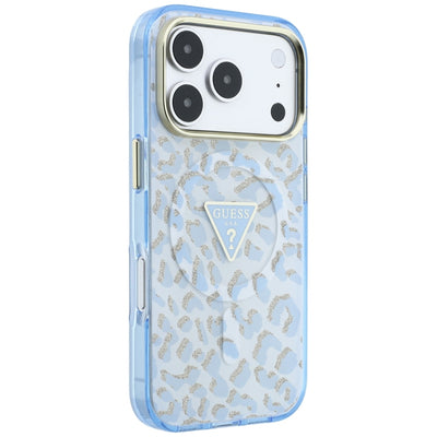 Guess IML Leopard Glitter Triangle Logo MagSafe Case for iPhone 17 Pro Max / 18 Pro Max - Blue