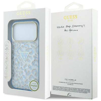 Guess IML Leopard Glitter Triangle Logo MagSafe Case for iPhone 17 Pro Max / 18 Pro Max - Blue