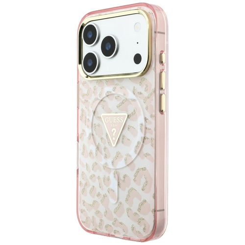 Guess IML Leopard Glitter Triangle Logo MagSafe Case for iPhone 17 Pro Max / 18 Pro Max - Pink