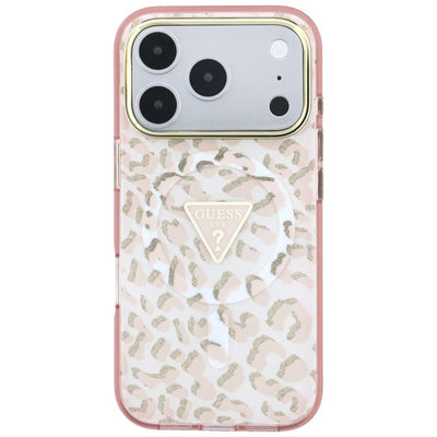 Guess IML Leopard Glitter Triangle Logo MagSafe Case for iPhone 17 Pro Max / 18 Pro Max - Pink