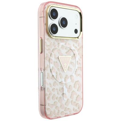 Guess IML Leopard Glitter Triangle Logo MagSafe Case for iPhone 17 Pro Max / 18 Pro Max - Pink