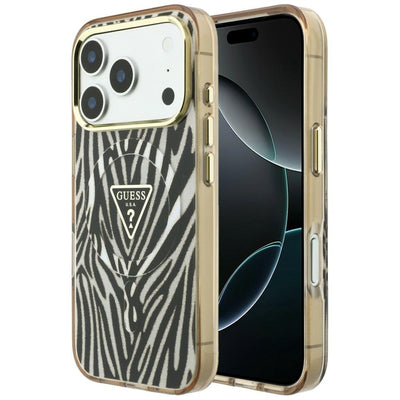 Guess IML Zebra Glitter Triangle Logo MagSafe iPhone 17 Pro / 18 Pro Case - Gold
