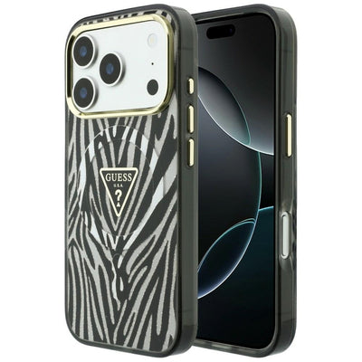 Guess IML Zebra Glitter Triangle Logo MagSafe Case for iPhone 17 Pro Max / 18 Pro Max - Silver