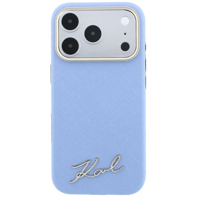 Karl Lagerfeld Saffiano Small Script Metal Logo MagSafe Case for iPhone 17 Pro / 18 Pro - Light Blue