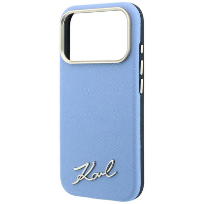 Karl Lagerfeld Saffiano Small Script Metal Logo MagSafe Case for iPhone 17 Pro / 18 Pro - Light Blue