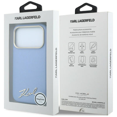 Karl Lagerfeld Saffiano Small Script Metal Logo MagSafe Case for iPhone 17 Pro / 18 Pro - Light Blue