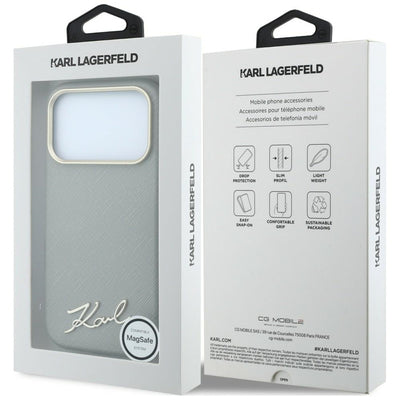 Karl Lagerfeld Saffiano Small Script Metal Logo MagSafe Case for iPhone 17 Pro Max / 18 Pro Max - Beige